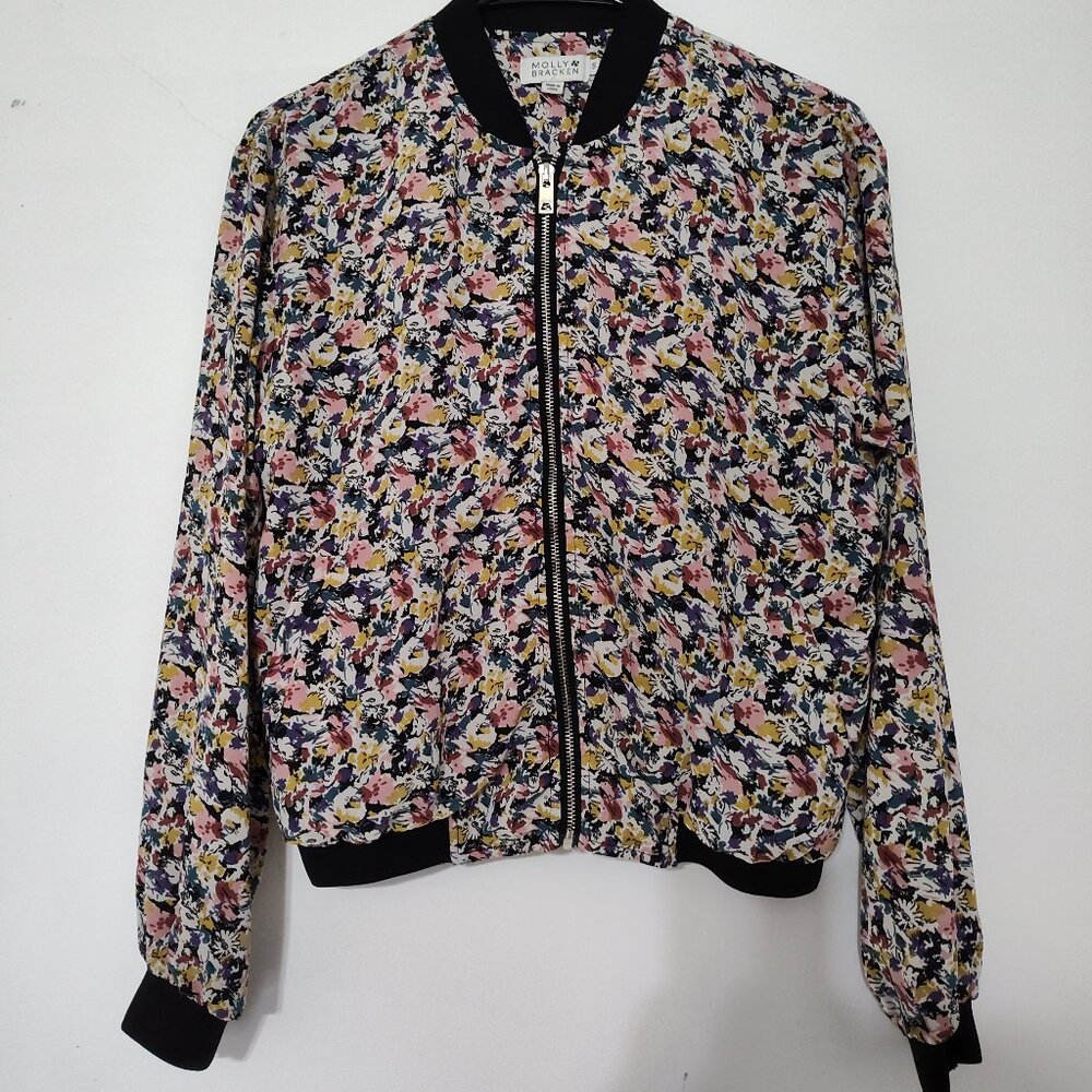 Molly Bracken Floral Bomber Zip Up Flowy Light Weight Jacket Lined Small